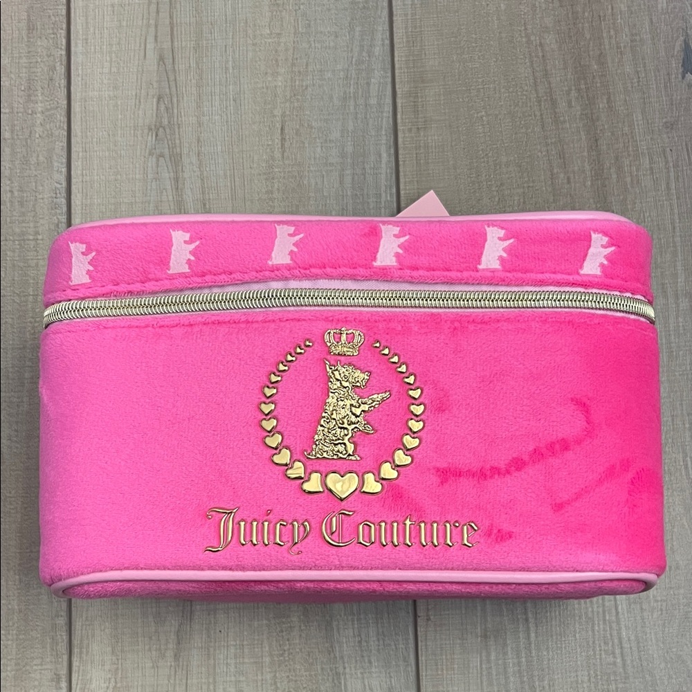 Juicy Couture Hot Pink Velvet Travel Cosmetic Case with Gold Logo